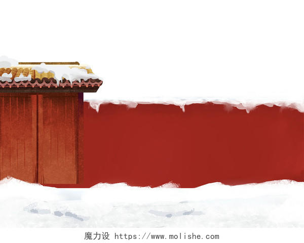 红色手绘卡通古风房子房屋新年春节下雪元素PNG素材